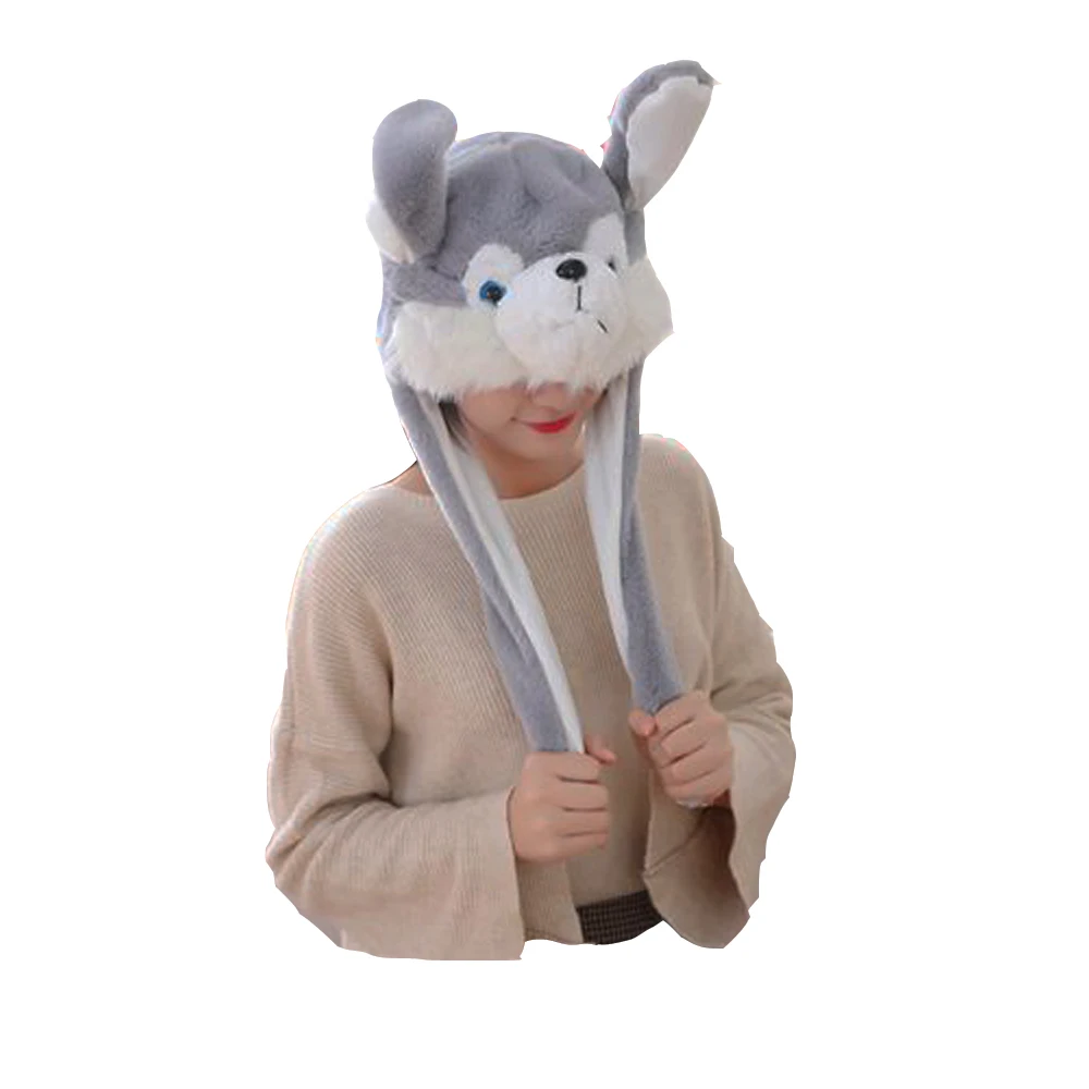 

Husky Hooded With Ears Moving Plush Hat Stuffed Toy Cap