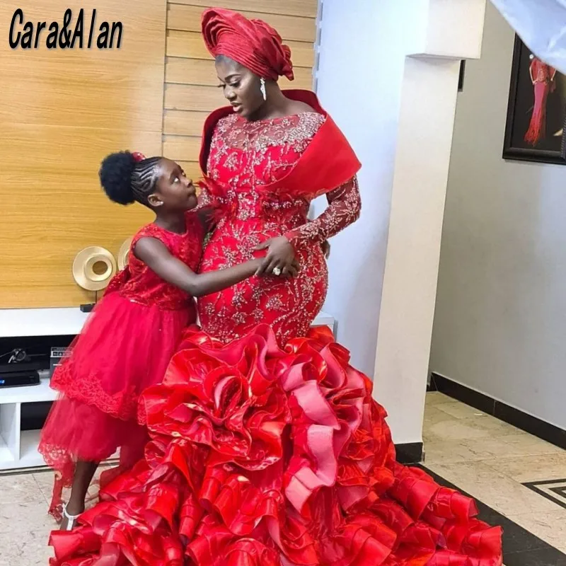 Nigerian Wedding Evening Dresses Long Sleeves Beading Aso Ebi Red Mermaid Prom Dress Customized Party Gowns Ruffles Skirt