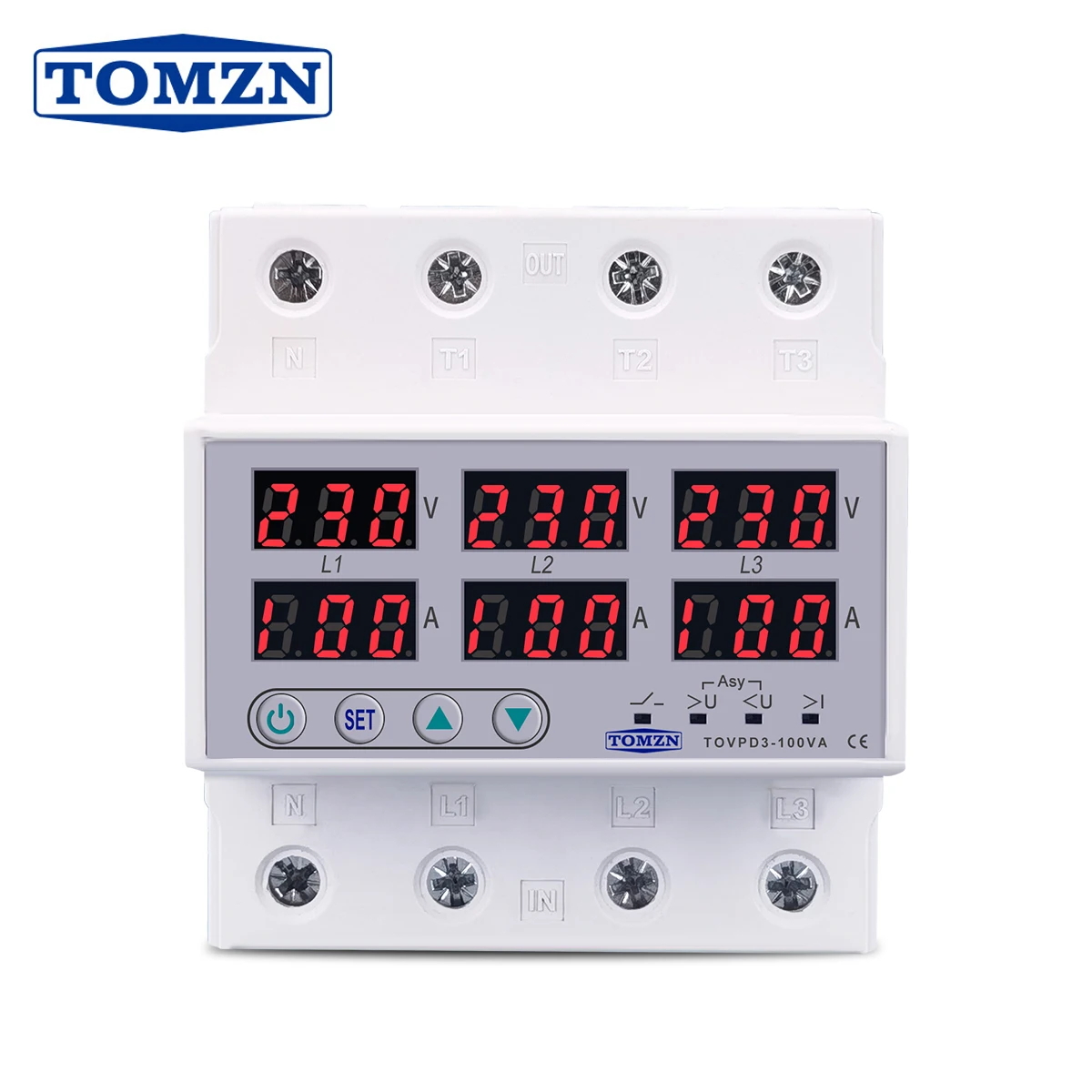 100A 3 Phase Din rail Voltmeter Ammeter adjustable Over and Under Voltage current limit protection Monitor Relays Protector