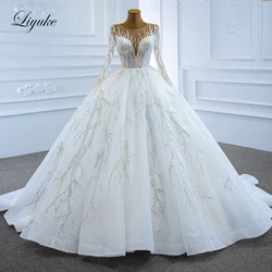 Liyuke – robe de mariée en Tulle et dentelle scintillante, tenue de bal, encolure en V, couleur chair, avec traîne