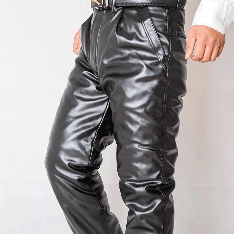 

Fleece Winter Liner Motorcycle Pants Men High Waist Warm Windproof Waterproof Pu Leather Pants Mens Straight Trousers Plus Size
