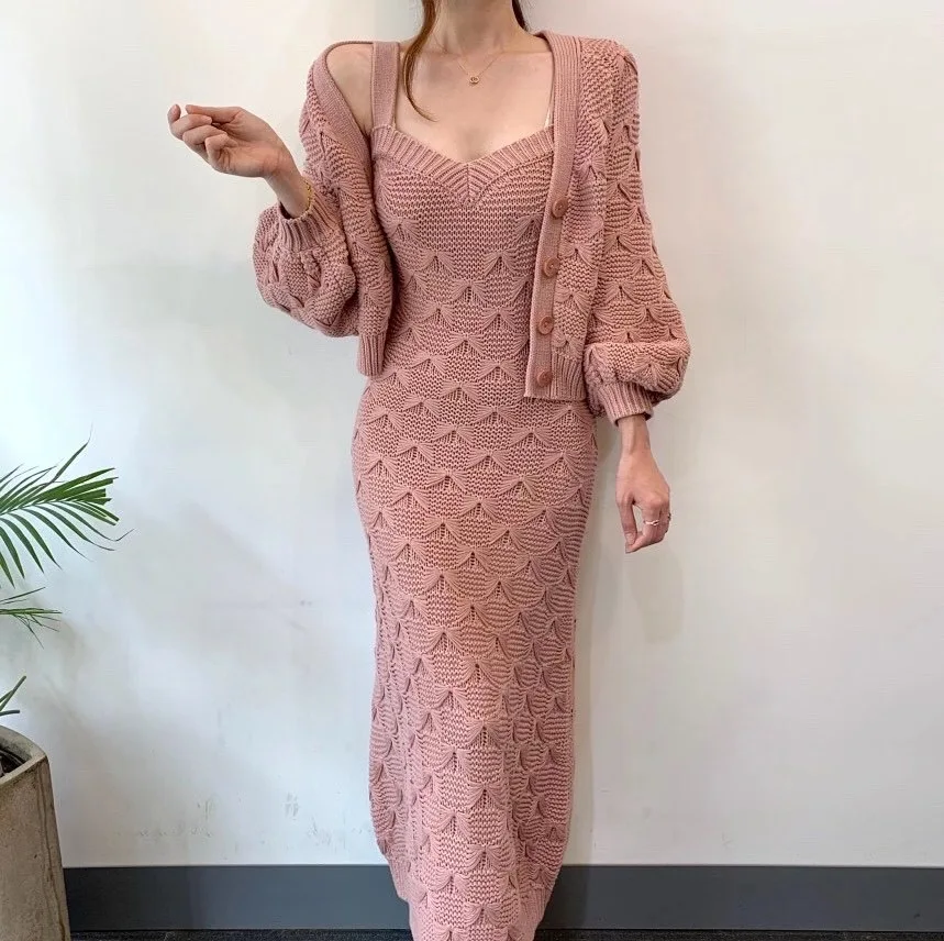 JSXDHK Elegant Winter Texture Jacquard Knitted 2 Piece Set Women Lantern Sleeve Pink Cardigan + Long Spaghetti Strap Dress Suits