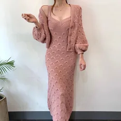 JSXDHK Elegant Winter Texture Jacquard Knitted 2 Piece Set Women Lantern Sleeve Pink Cardigan + Long Spaghetti Strap Dress Suits