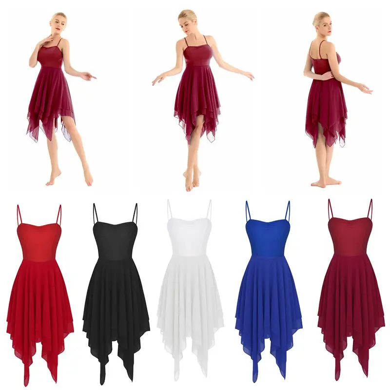 Vrouwen Mouwloze Asymmetrische Chiffon Lyrische Dans Kostuums Ballet Tutu Gymnastiek Turnpakje Prestaties Illusion Dancewear