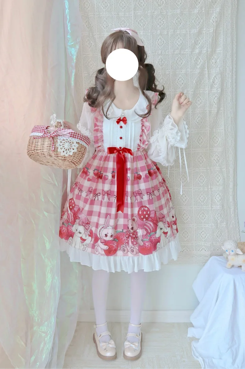 Giappone Kawaii rosa Lolita dolce fragola senza maniche JSK coniglio carino dolce Lolita JSK abito da principessa per ragazza vestito Cosplay