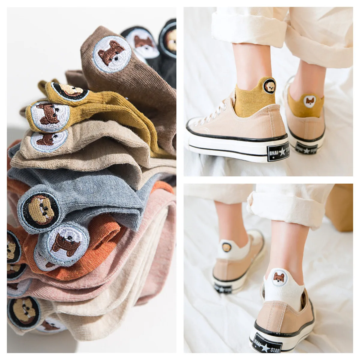 

4 pairs New Dog Embroidery heel boat socks left and right feet personality women's socks trend candy color Japanese socks
