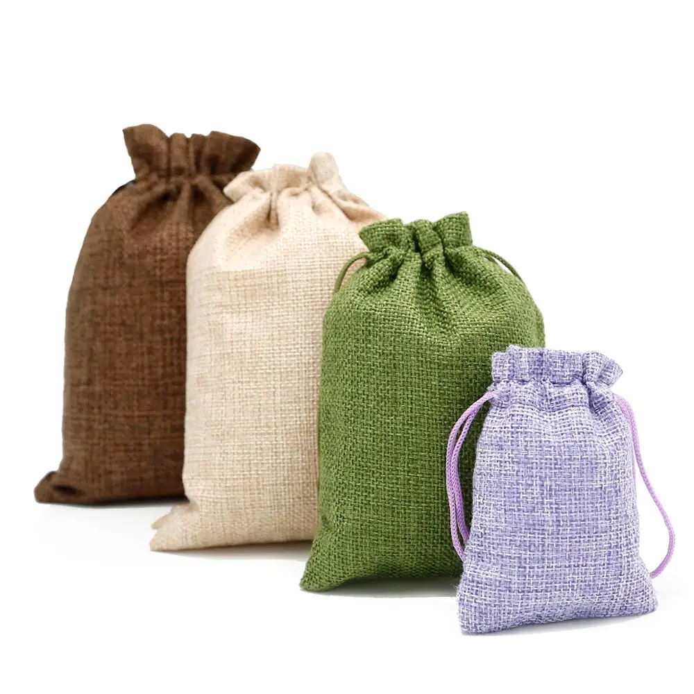 5Pcs/lot Drawstring Natural Burlap Bag Jute Gift Bags Multi Size Jewelry Packaging Wedding Bags with Candy Bag