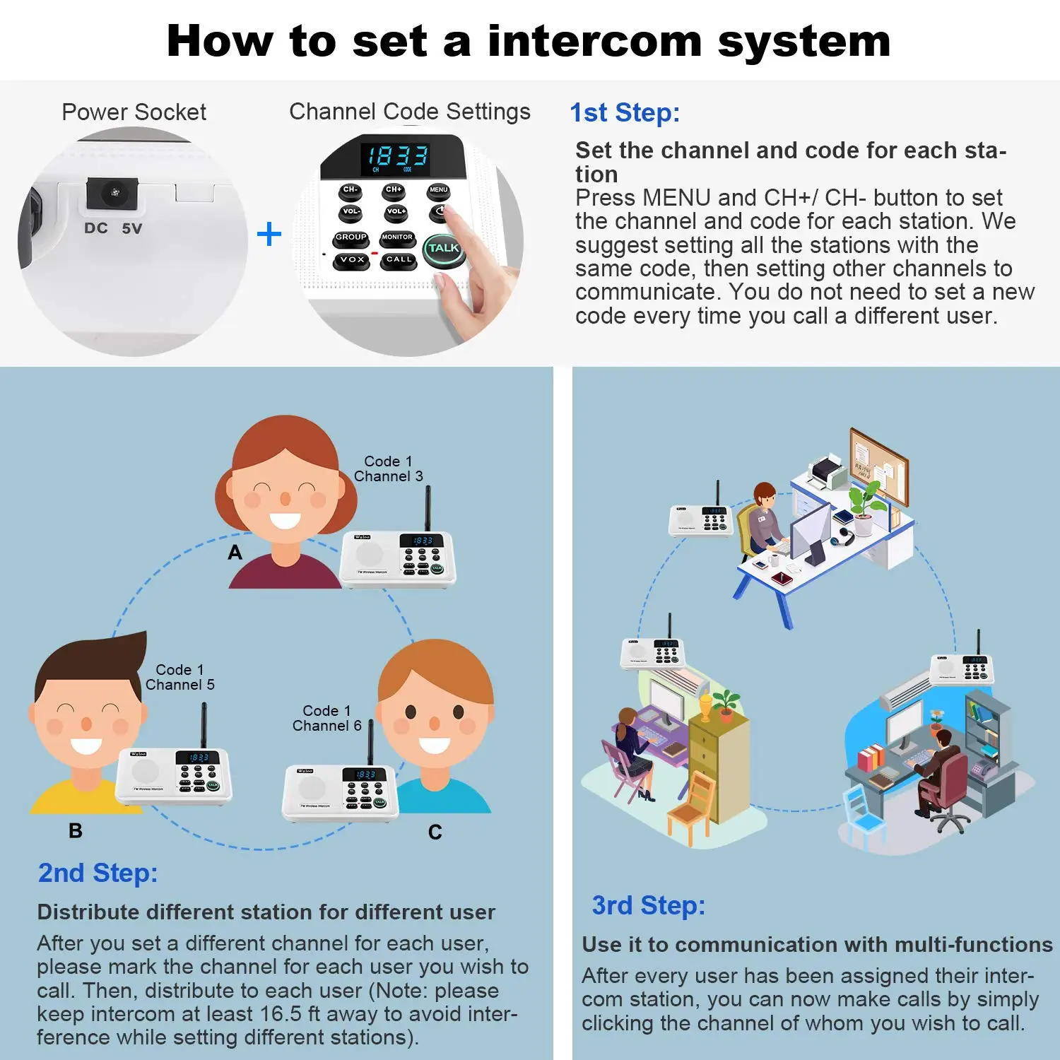 Wuloo sistema de intercomunicación inalámbrico para casa, oficina de negocios, rango de 1 milla, comunicación de habitación