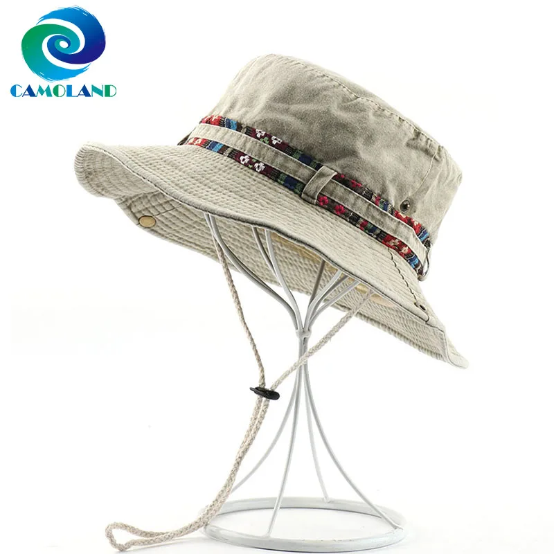 CAMOLAND Summer UV Protection Sun Hats Women Men Cotton Bucket Hat Floral Ribbon Design Beach Caps Outdoor Hiking Fishing Hats