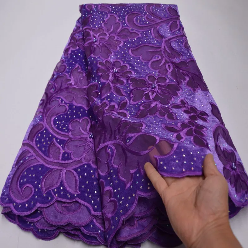 African velvet Lace stones and beads Fabric Purple color Latest Luxury High Quality For Bridal Nigerian tulle Lace Fabric TS1519