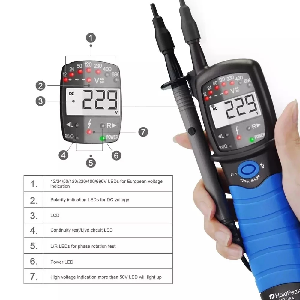 HP-38A Digital LCD Display AC/DC Voltage Tester Non-contact Auto-range,Phase Rotation,Test Detector Continuity Test Tester Pen