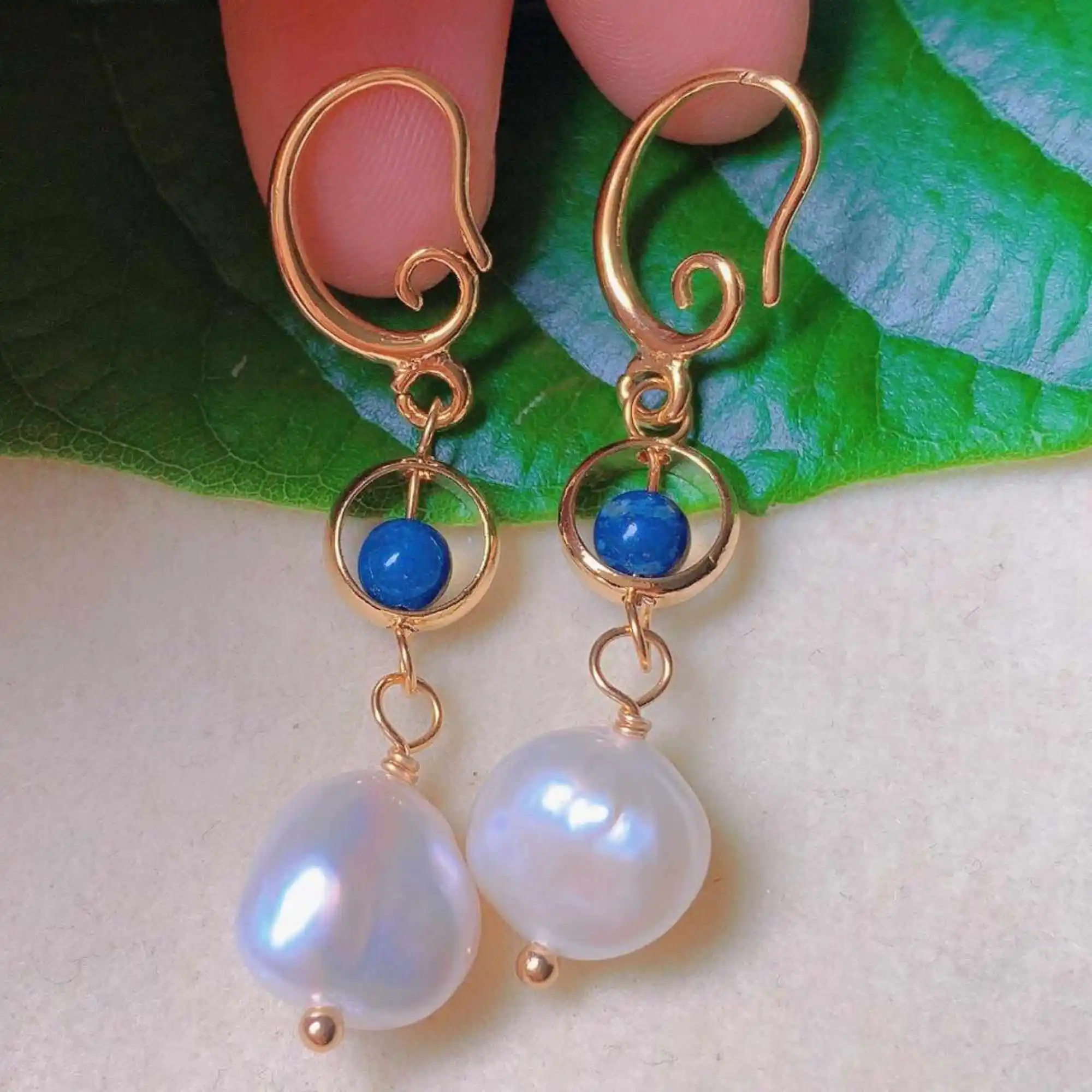 

Natural white Pearl Lapis Lazuli beads eardrop 18k gold earrings Cultured Freshwater Lucky Holiday gifts Jewelry