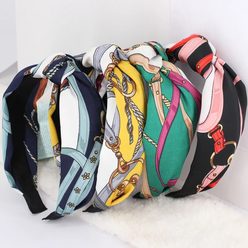 Top z nadrukiem opaska na głowę szeroki krzyż Vintage elastyczna opaska do włosów Turban akcesoria do włosów kokarda obręcz do włosów opaski wiązane damskie nakrycie głowy