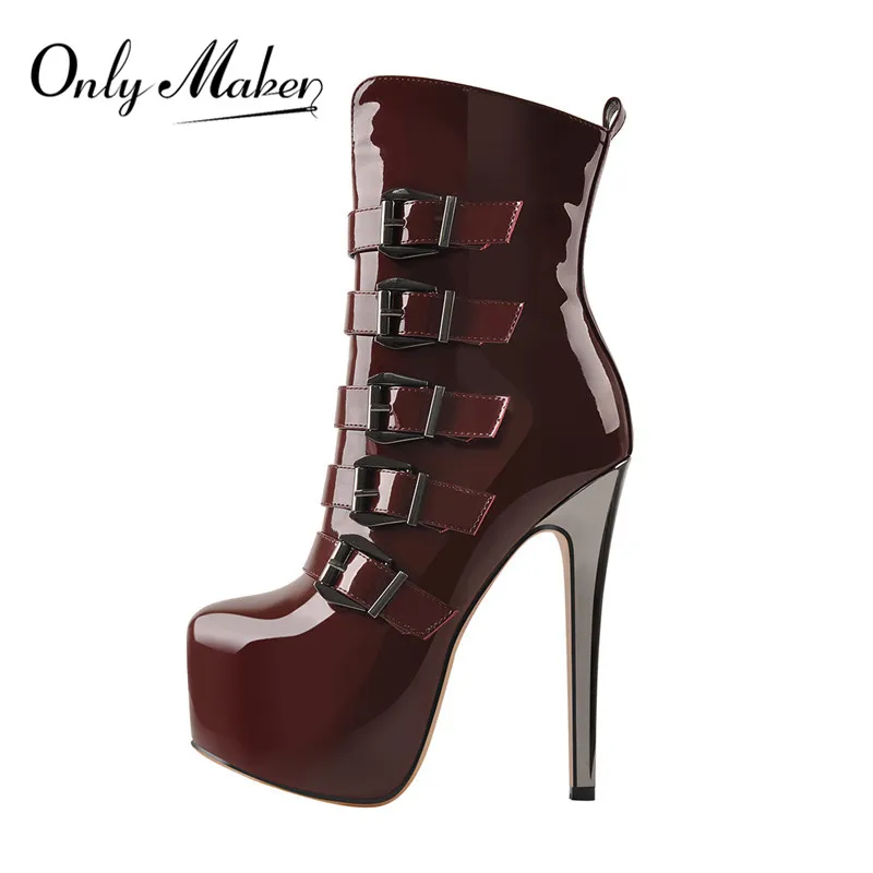 Onlymaker Women Round Toe Wine Red  Platform Side Zipper Thin Heel Thick Heel Short Boots Fashion Big Size Lady Booties