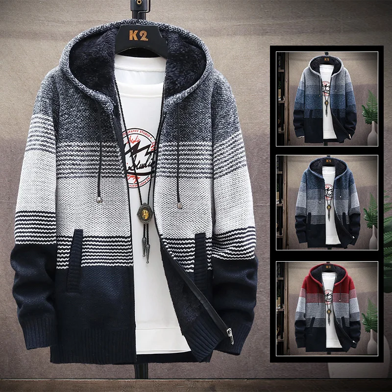 Men\'s Fleece Cardigan Hooded Jacket Winter Sweater Jumper Zip Knitwear Fashion Striped Thick Warm Sweaters Coat Man Clothes