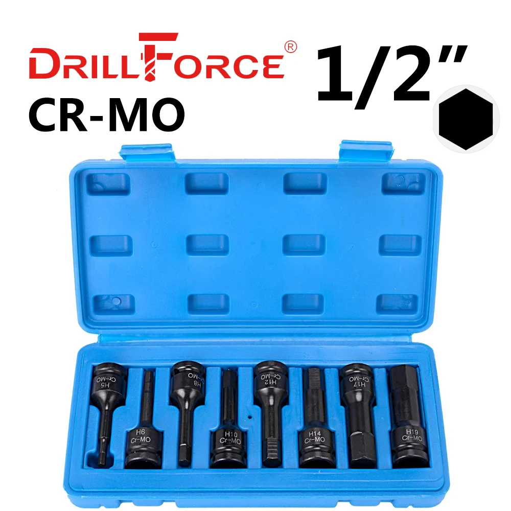 

Drillforce 8PCS H5-H19 1/2" Drive Impact Hexagon Socket Bits Set Wrench Pneumatic Adapter Tools H5/H6/H8/H10/H12/H14/H17/H19