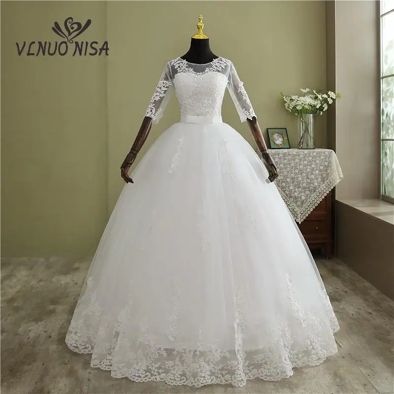 

2023 New O-Neck Pluse Size White Wedding Dresses With Sleeve Simple Sequined Cheap Ivory Wedding Gown De Novia for Bride