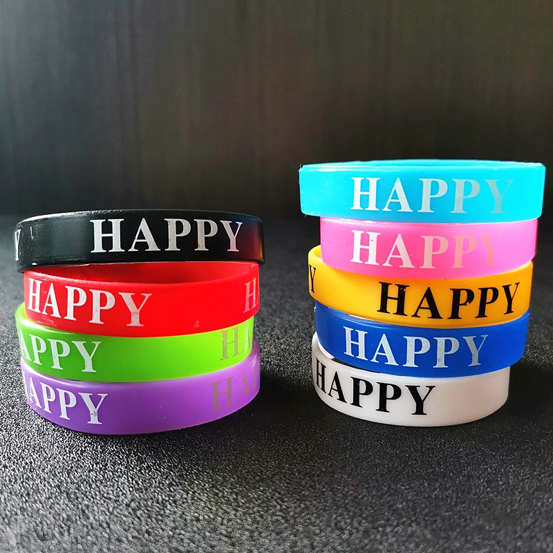 20PCS Lot Multi Night Glowing Shining Silicone Wristband Print Letter Happy Bracelets Fitness Sport Bangles Birthday Party Gifts