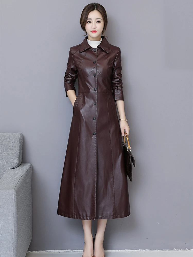 Lautaro Spring Extra Long PU Leather Trench Coat for Women Slim Fit Elegant Red Black Purple Outerwear Fall Korean Fashion 2021