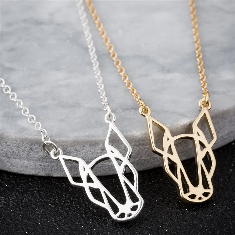 Jisensp Lovely Origami Bulldog Necklaces for Women Men Fashion Animal Puppy Dog Charm Necklace Stainless Steel Jewelry Collares