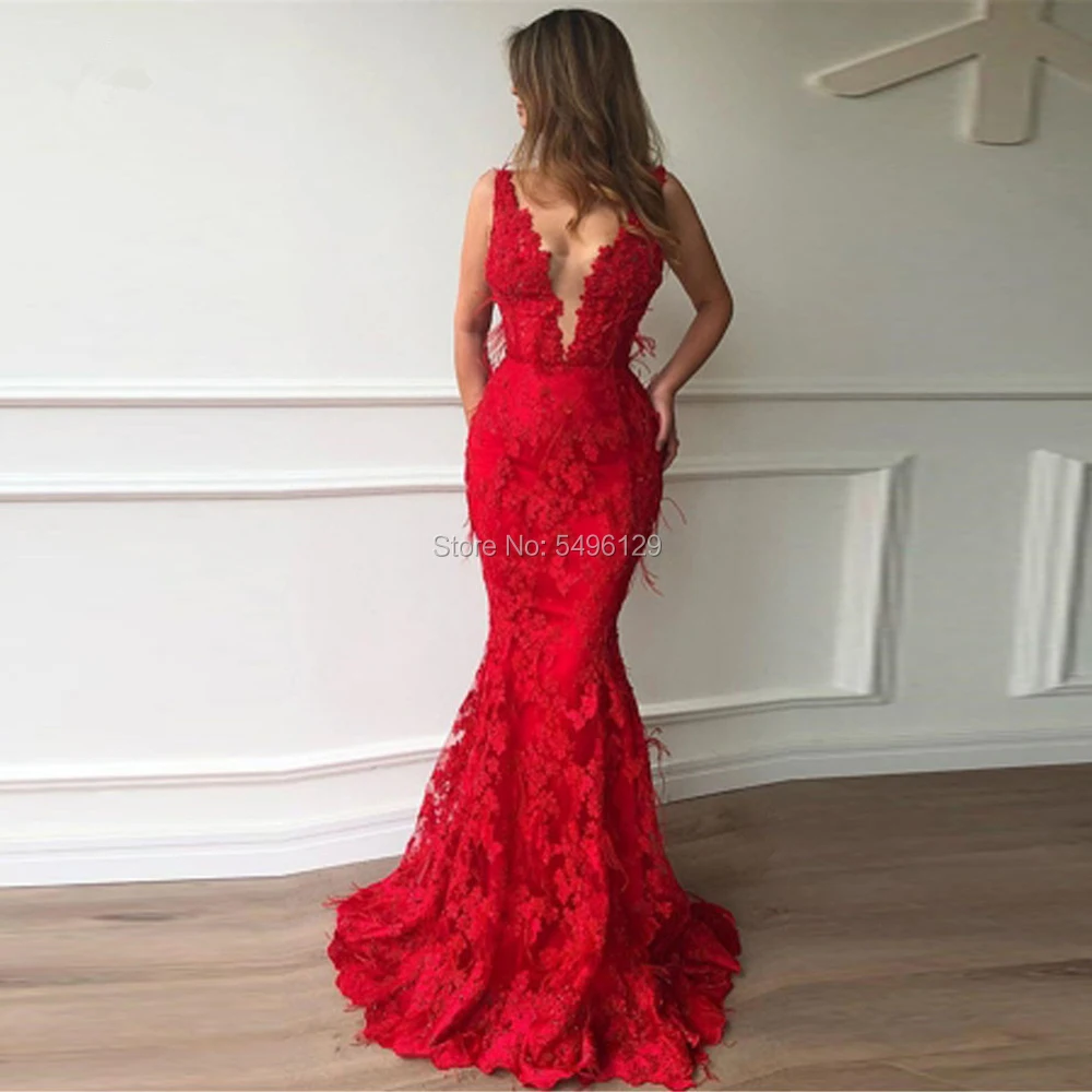 Modest Floral Lace Red Mermaid Evening Dresses Sexy Long Prom Gown With Feather Formal Evening Party Dress 2024 Vestido De Festa