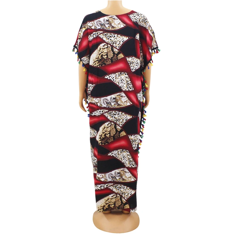 Vestido africano multicolor con estampado de leopardo y borlas para mujer, vestido informal de manga murciélago con cuello redondo y bufanda de otoño