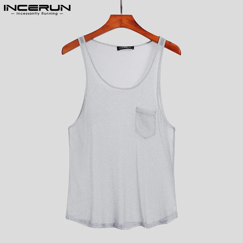 2023 Summer Tank Tops INCERUN Men Sleeveless Mesh Thin Tops Round Neck See Through Vests Man Fashion Pocket Vests Streetwear 5XL