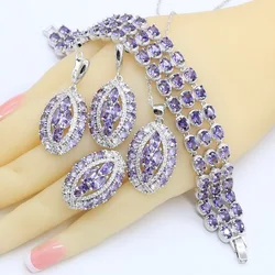 Geometric Purple  Zircon Silver Color Jewelry Sets for Women Bracelet Earrings Necklace Pendant Ring Wedding Birthday Gift