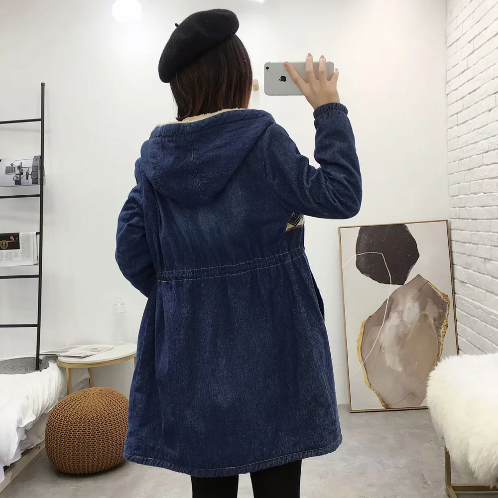 New Women\'s Denim Jacket Winter 2023 Printing Warm Thicken Plus Velvet Cotton Padded Coat Loose Hooded Long Outerwear Female