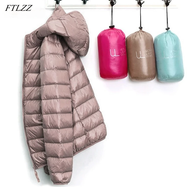 

FTLZZ Autumn Winter Ultra Light Hooded Warm Short Down Jacket Women Routine Light Feather Coat Warm Coat Female Portable Outwear