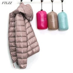 FTLZZ Autumn Winter Ultra Light Hooded Warm Short Down Jacket Women Routine Light Feather Coat Warm Coat Female Portable Outwear