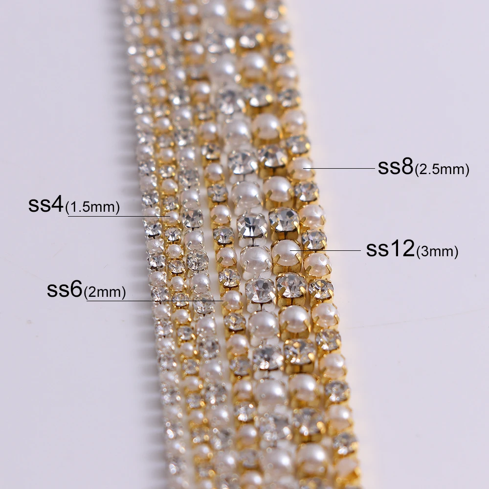 1 Yard 1.5/2/2.5/3mm Pearl Nail Rhinestones Chain Gold Silver Base Glass Strass Nail Charms Accessories DIY Nail Art Decorations