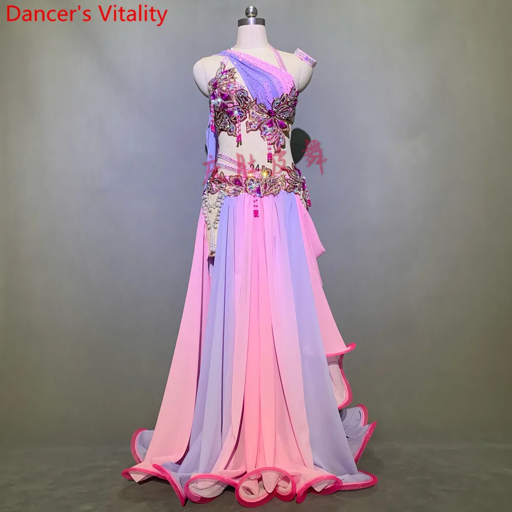 

Belly Dance Competition Outfits Customized Bra Belt Colorfule Fishbone Skirt Set Oriental Indian Drum Dancing Performance Costum