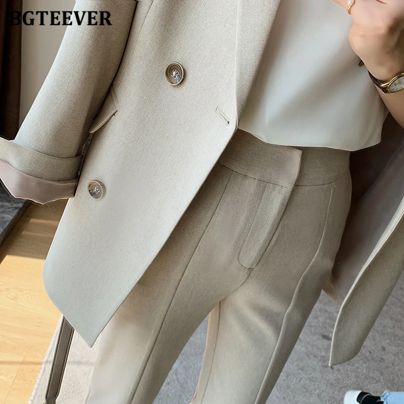 BGTEEVER Elegant Women Trousers Suits Long Sleeve Double Breasted Female Jacket & Irregular Pants Autumn Winter Women Set 2021