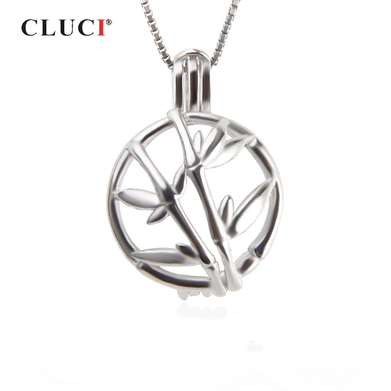 CLUCI 925 Sterling Silver Women Pendant Jewelry Solid Round Shape Cage Pendant Bamboo Hollow Silver Pendant Pearl Locket SC308SB