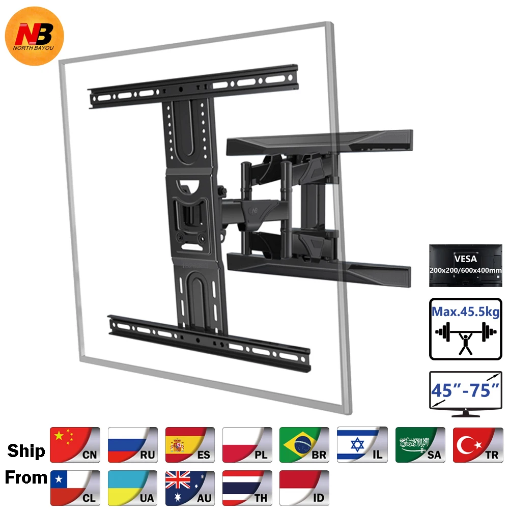 New NB P6 Full Motion 45-75 inch TV Wall Mount  Flat Panel LED LCD Display Mount Bracket MAX.VESA 600x400mm Load 45.5kgs