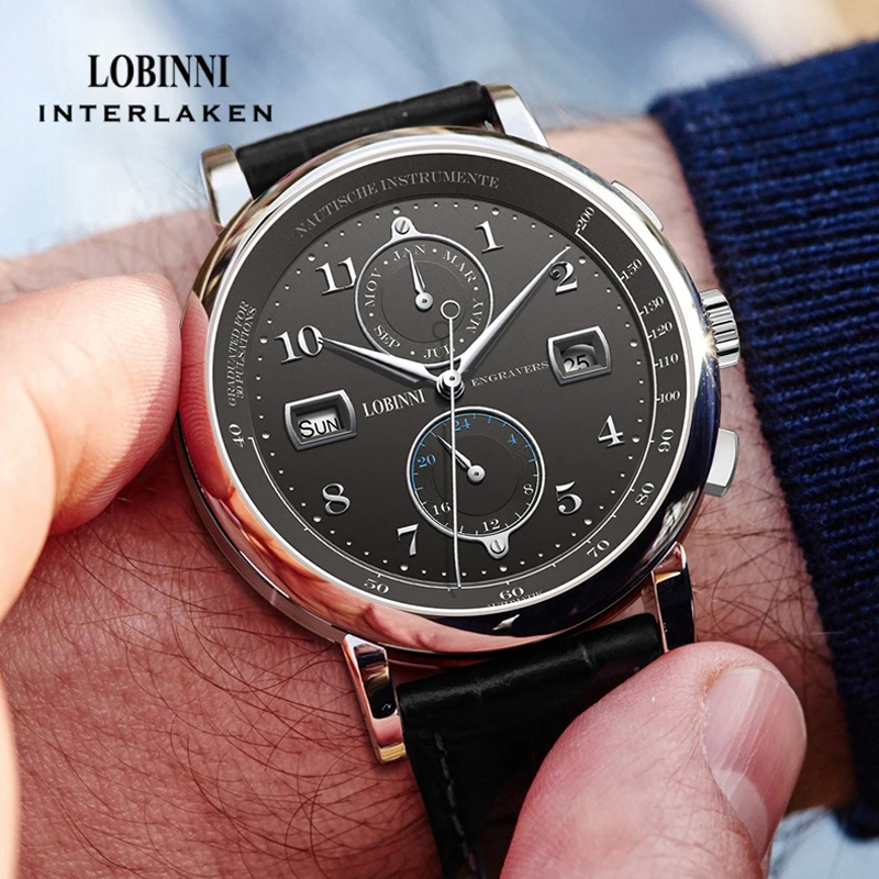 LOBINNI New Top Brand Luxury Automatic Mechanical Watch Men Genuine Leather Strap Multi Function Male Wristwatches