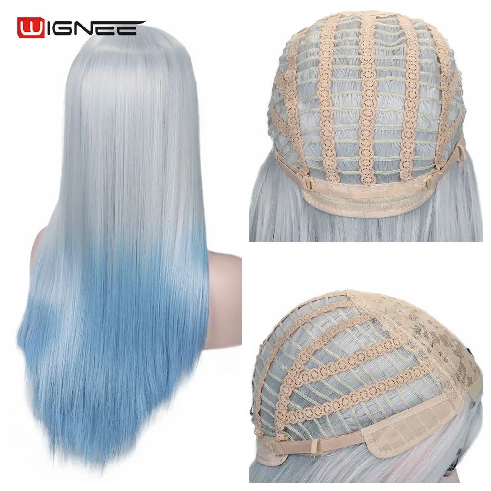 Wignee White to Blue Synthetic Wig Long Straight Side Part Hair Hair Bundle With Closure Party Game Of Pre-Colored Bundle Wigs