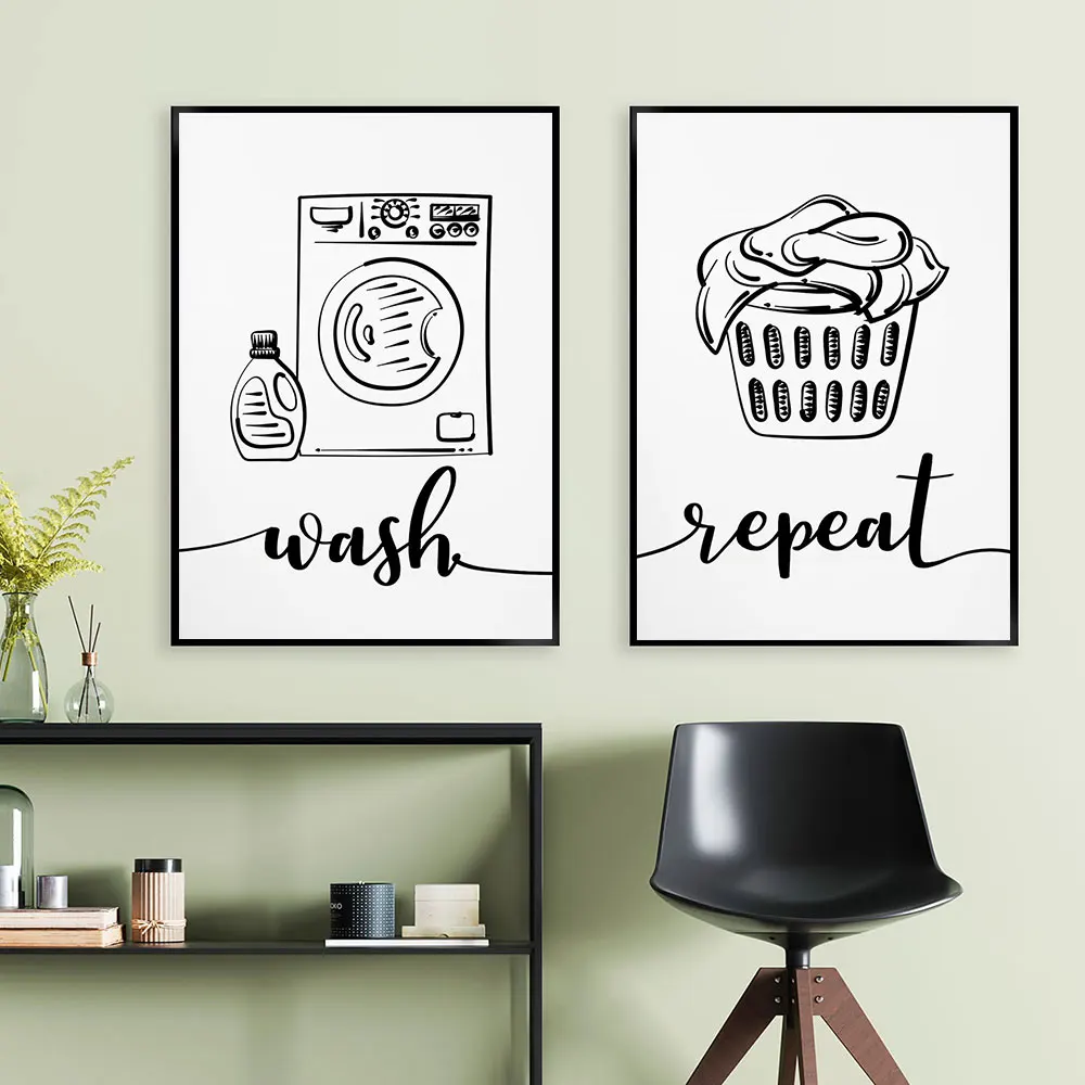 Wash Dry Fold Repeat Laundry Sign Black White Wall Art Print Canvas Painting Nordic Poster And Print Wall Pictures Utility Room