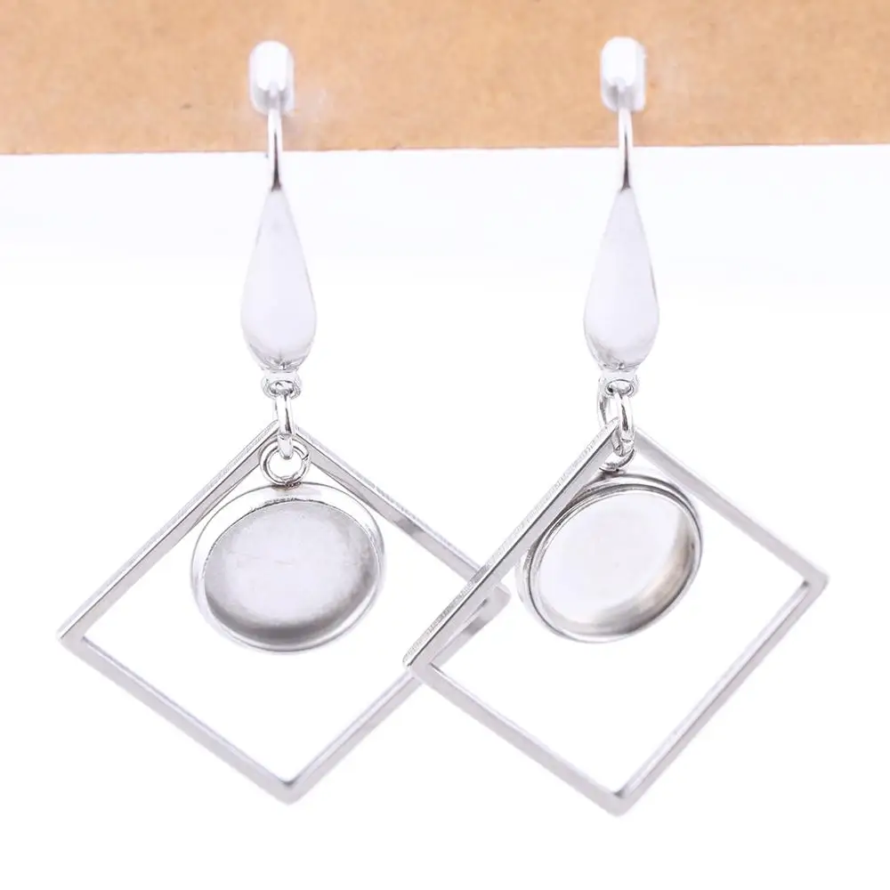 

10pcs Fit 10mm Round Cabochon Earring Settings Diy Stainless Steel Blank Base Bezels With Square Frame Charms For Making