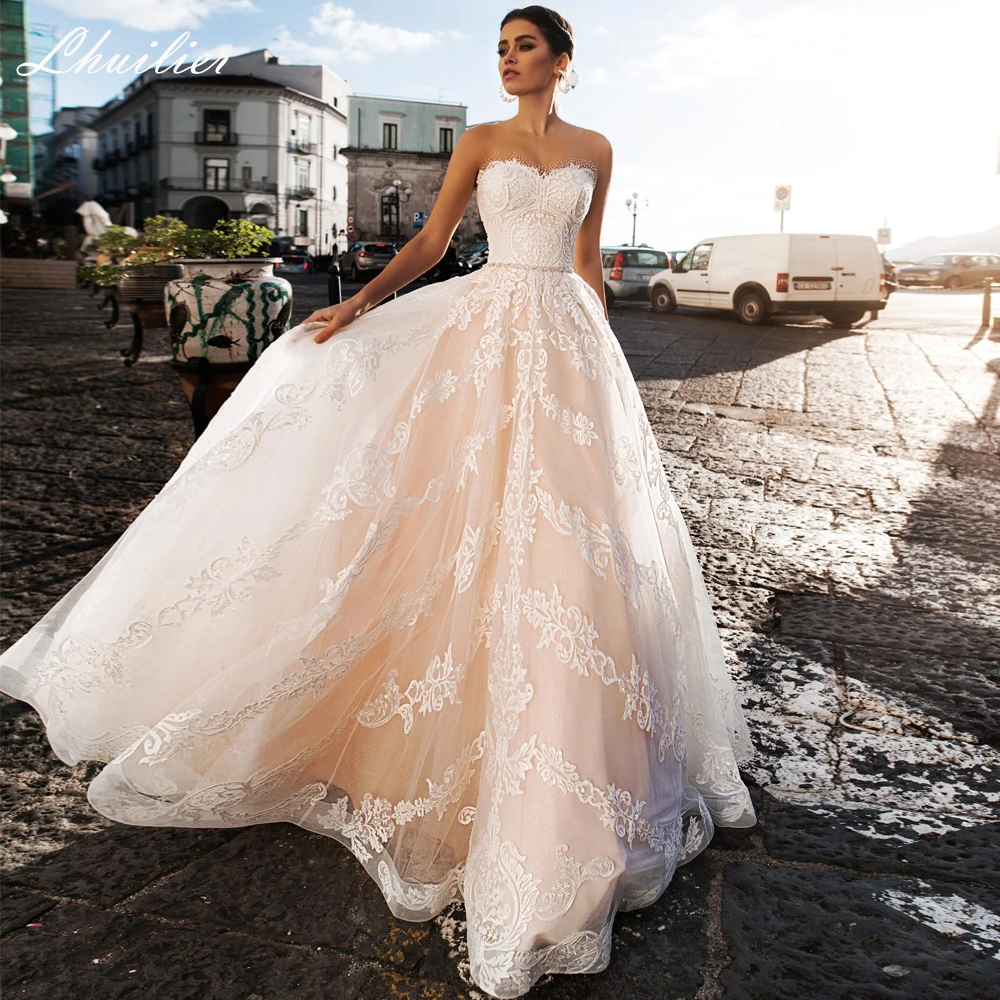 

Lhuilier Customized A Line Lace Wedding Dresses Sleevelss Beaded Floor Length Bridal Gowns with Belt
