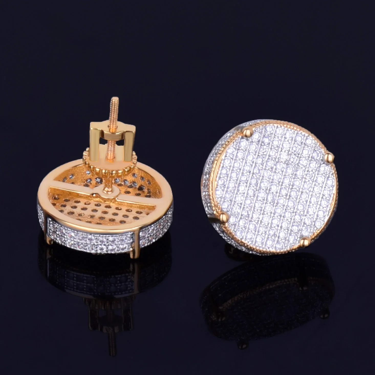 14MM Gold Color Big Round Stud Earring AAAA Cubic Zircon Screw Back Men\'s Earrings Fashion Hip Hop Jewelry