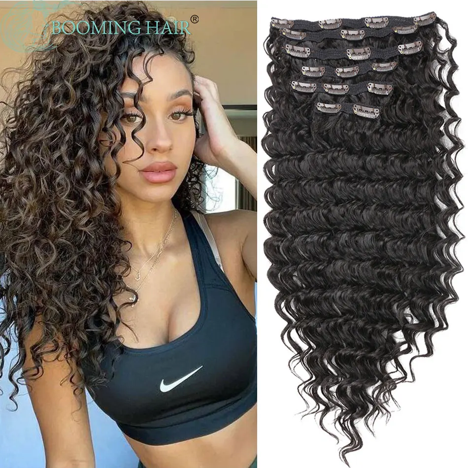 Deep Wave Clip In Hair Extension Straight Synthetic 24 Inches Long False Hair Extensions Curly Weave 613 7PCS Full Head BOOMING