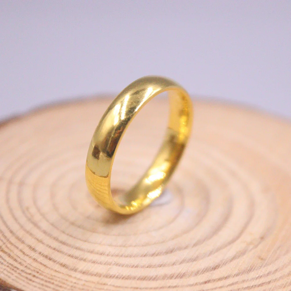 Real 24K Yellow Gold Ring 3D Hard Gold Women Men Polish Surface 4mm International Certification Smarked 999 Gold US 5-10