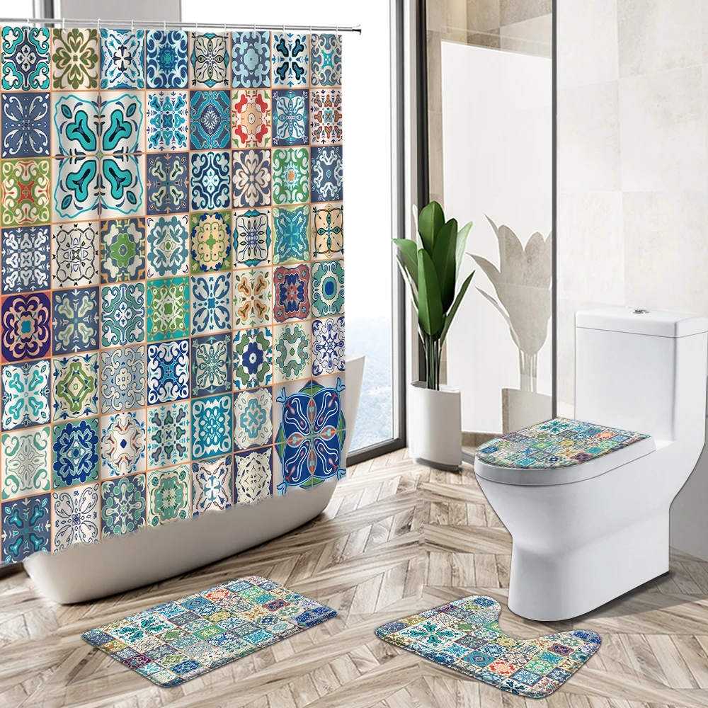 Retro Colorful Bohemian Pattern Decorative Shower Curtain India Moroccan Geometric Print Pedestal Rug Toilet Cover Bathroom Set