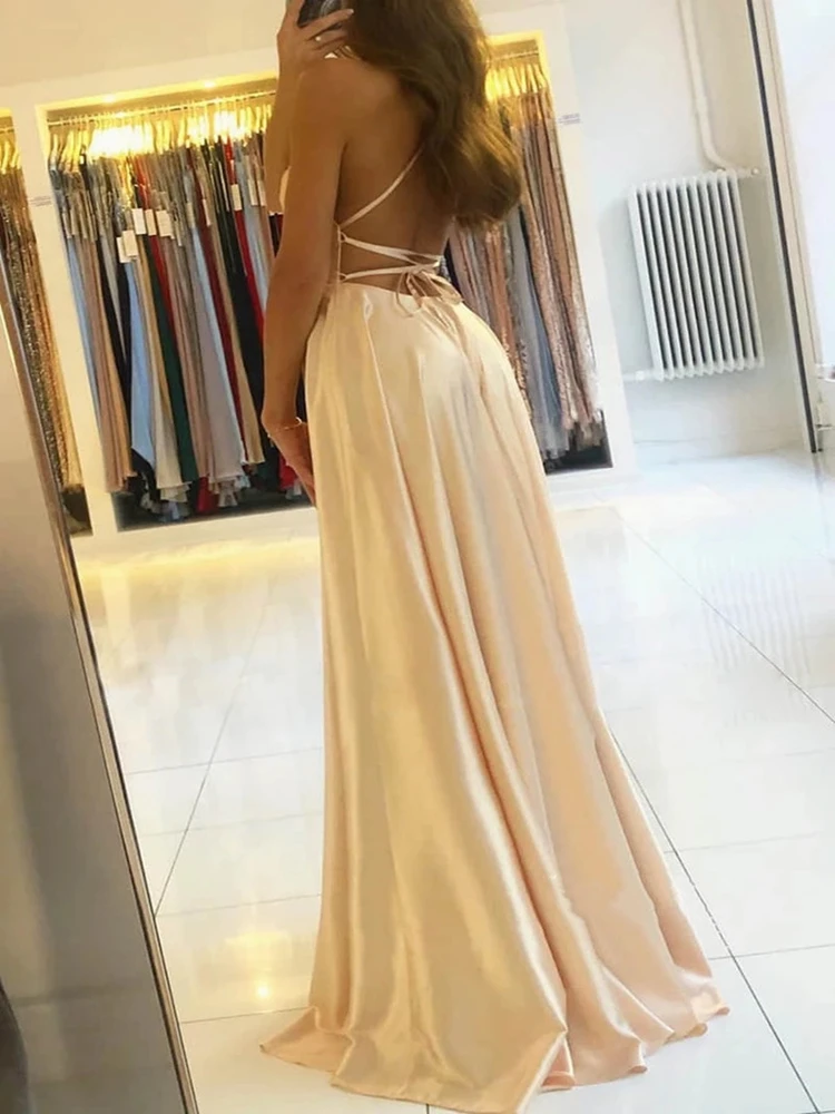 Vestido largo de satén con tirantes para mujer, vestido de noche con abertura alta, con tirantes finos, Formal, para fiesta, dama de honor, boda