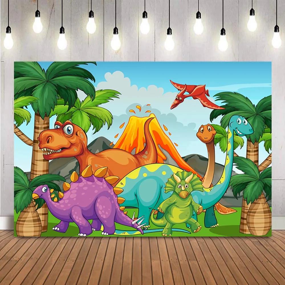 Pano de fundo para festa de aniversário infantil, decoração de desenhos animados, dinossauro, floresta, nuvens, céu, chá de bebê, fundo de fotos, estúdio personalizado