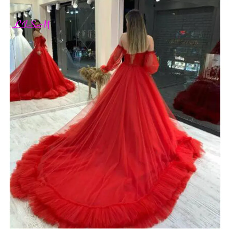 Elegant Red Prom Dresses Long Puffy Sleeves Tulle Party Gowns Sexy Sweetheart Backless Evening Gowns Beauty Pageant Dress