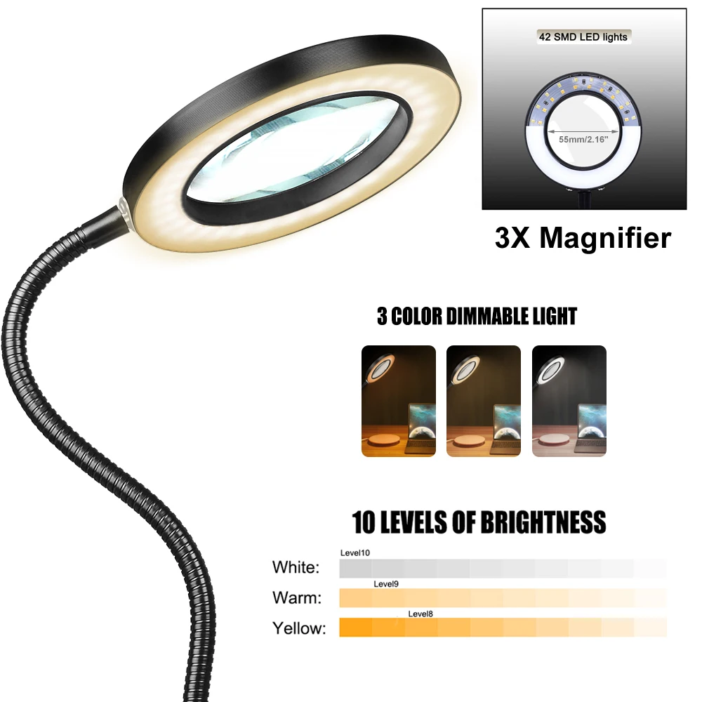 NEWACALOX 3X LED Magnifier with Helping Hands Soldering Third Hand Tool Clip-on Flexible Arm Magnifying Lamp Desk Light