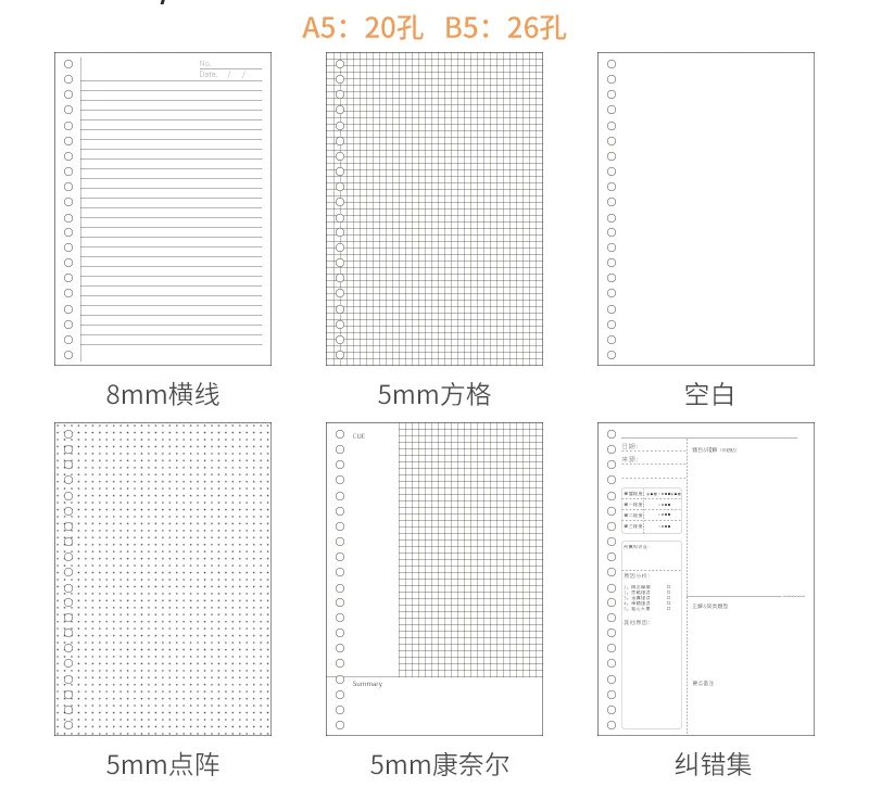 Cuaderno de hojas sueltas A5 / B5, 60 hojas, núcleo interno de 20/26 agujeros, núcleo de papel reemplazable en blanco/control/punto/línea/cornell